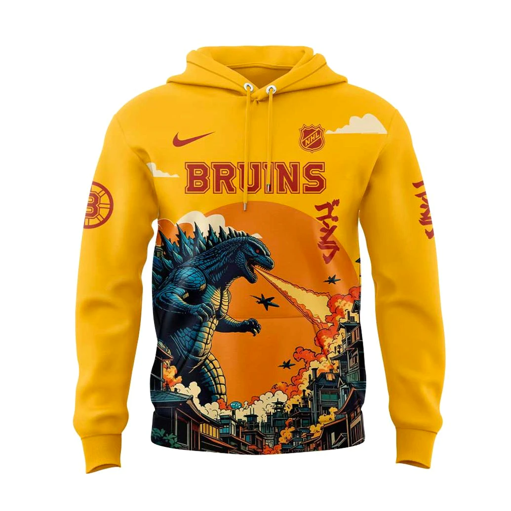 Boston Bruins x Godzilla Limited 2025 Yellow Hoodie Boston Bruins x Godzilla Limited 2025 Yellow Hoodie
