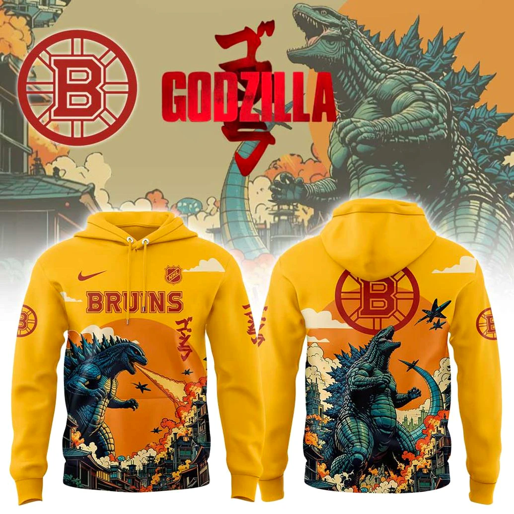 Boston Bruins x Godzilla Limited 2025 Yellow Hoodie Boston Bruins x Godzilla Limited 2025 Yellow Hoodie