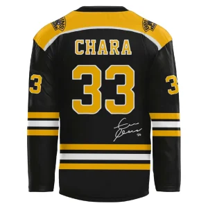 Back of the Boston Bruins tribute jersey showing the name CHARA, number 33, and a limited edition signature.