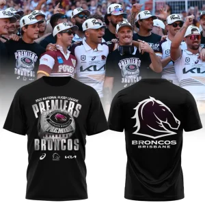A promotional image showing the front and back of the 2025 Brisbane Broncos Premiers black t-shirt with the team celebrating.