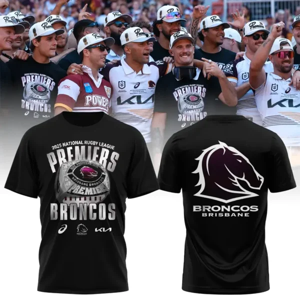 A promotional image showing the front and back of the 2025 Brisbane Broncos Premiers black t-shirt with the team celebrating.