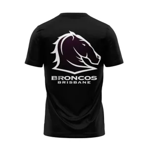 Back of the black 2025 Brisbane Broncos Premiers t-shirt showing the large white and purple team horse head logo.