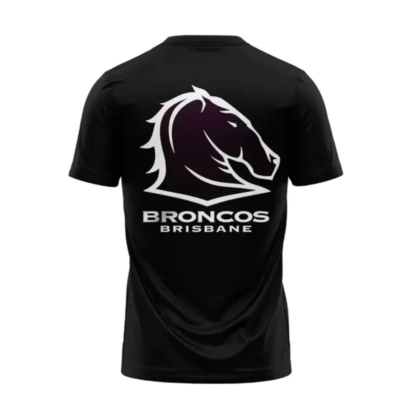 Back of the black 2025 Brisbane Broncos Premiers t-shirt showing the large white and purple team horse head logo.