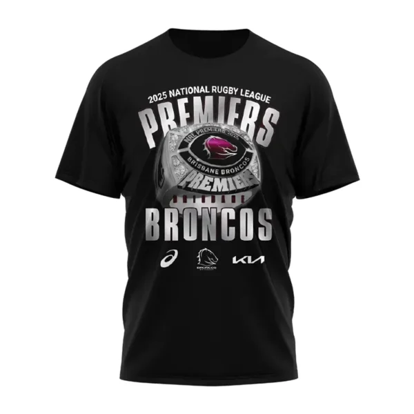 Front of the black 2025 Brisbane Broncos Premiers t-shirt featuring a large championship ring graphic and metallic text.