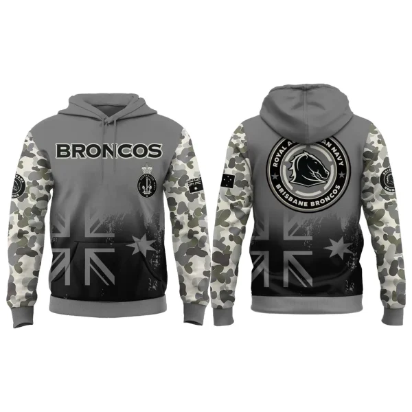 Front and back view of the grey and camo Royal Australian Navy x Brisbane Broncos hoodie on a clean white background.