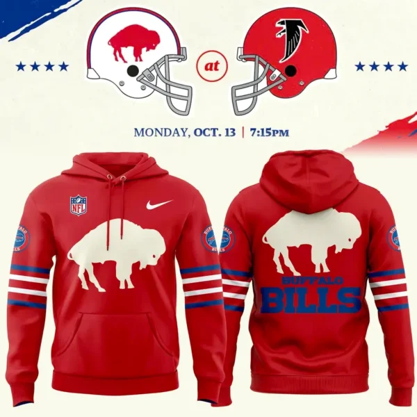 Front and back view of the red Buffalo Bills Classic Logo Hoodie with a large white buffalo graphic and blue sleeve stripes.