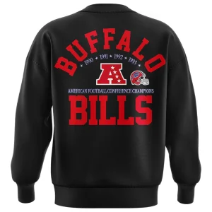 The back of the Buffalo Bills sweatshirt showing the vintage AFC Champions design commemorating the 1990, 1991, 1992, and 1993 seasons.