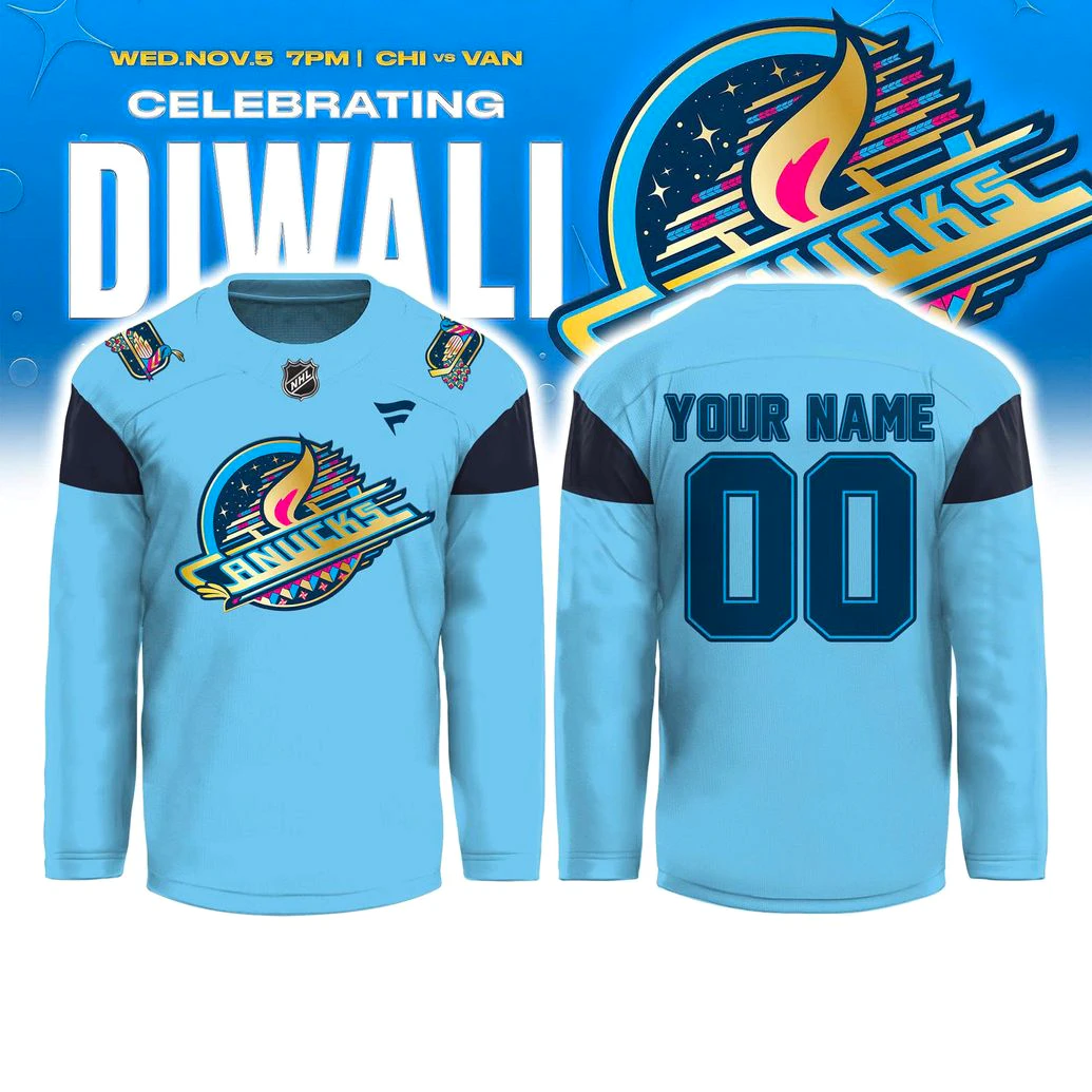 Vancouver Canucks Diwali Celebration 2025 Jersey Promotional Poster Front and back of the light blue Vancouver Canucks 2025 Diwali jersey on a promotional background celebrating the event.