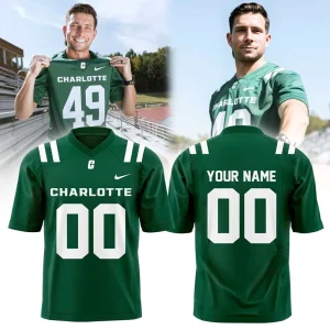 Collage of models wearing the green Charlotte 49ers football jersey and a flat lay of the front and customizable back.