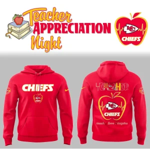 Promotional graphic for the Chiefs Teacher Appreciation hoodie, showing the front and back designs with teacher-themed logos.