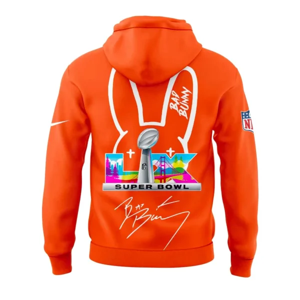 Back of the orange Cincinnati Bengals hoodie featuring a large Bad Bunny ear graphic, Super Bowl logo, and signature.