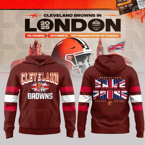 Front and back view of the Cleveland Browns NFL London Games 2025 hoodie in brown with Union Jack flag-inspired graphics.