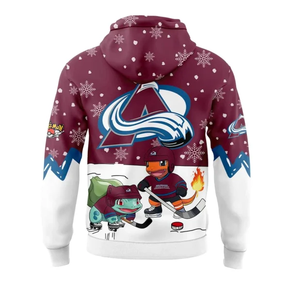 A close-up of the back of the Colorado Avalanche Pokemon hoodie, with Charmander and Bulbasaur playing hockey.