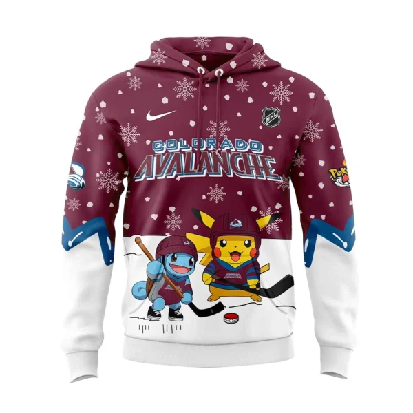 A close-up of the front of the Colorado Avalanche Pokemon hoodie, with Pikachu and Squirtle in hockey gear on the ice.