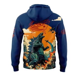 Back of the navy blue Columbus Blue Jackets hoodie showing Godzilla roaring at jets with the team logo integrated into the background.