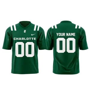 Front and back view of the green Charlotte 49ers football jersey showing customizable "YOUR NAME" and "00" on the back.