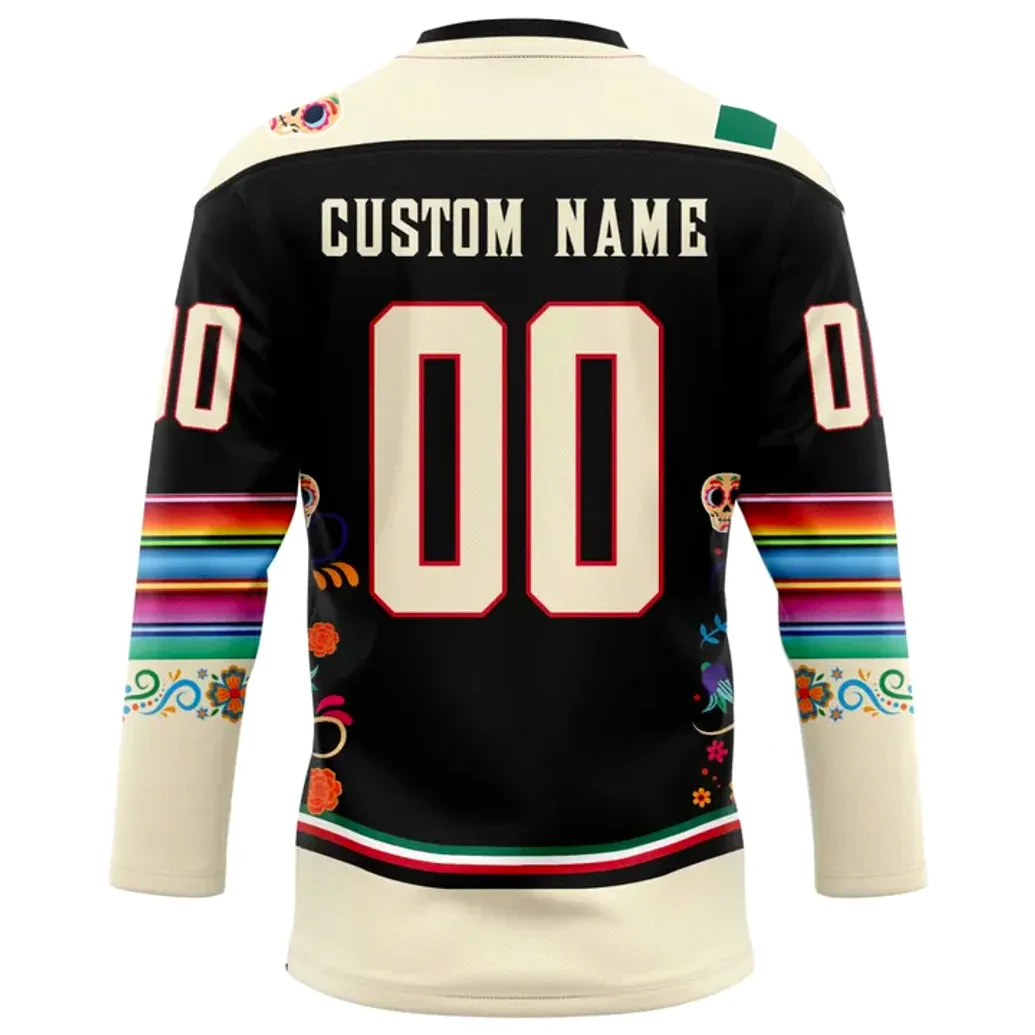 Back View Of The Coachella Valley Firebirds Dia De Los Muertos Jersey Back of the customizable Coachella Valley Firebirds Dia de Los Muertos jersey showing the placement for a custom name and number.