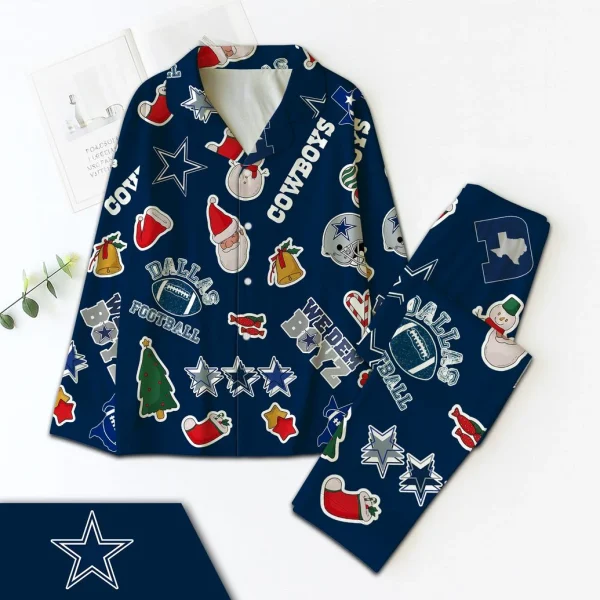 A styled flat lay of the navy blue Dallas Cowboys Christmas pajama set, shown with decorative elements to highlight its festive feel.