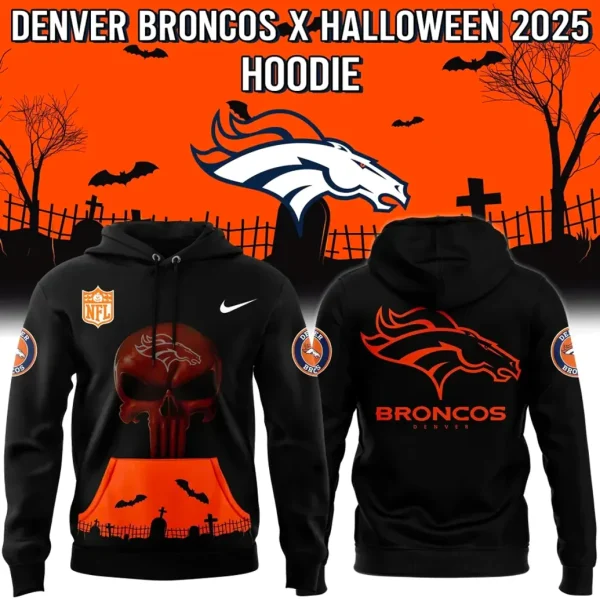 Front and back view of the Denver Broncos Halloween hoodie shown against a spooky orange graveyard background with bats.