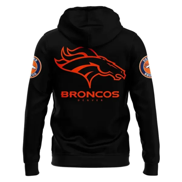 Back of the black Denver Broncos hoodie showing a large orange team logo with the words BRONCOS and DENVER underneath.