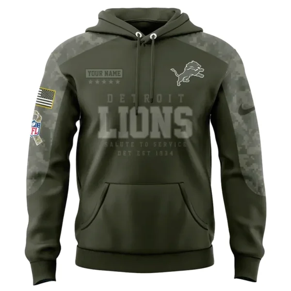 Front of the olive green Detroit Lions Veterans Day hoodie with team logo, Salute to Service text, and digital camo accents.