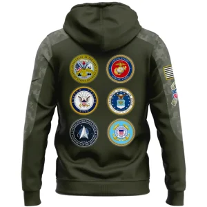 Back of the Detroit Lions Veterans Day hoodie showing the six seals of the US Armed Forces branches on an olive green background.
