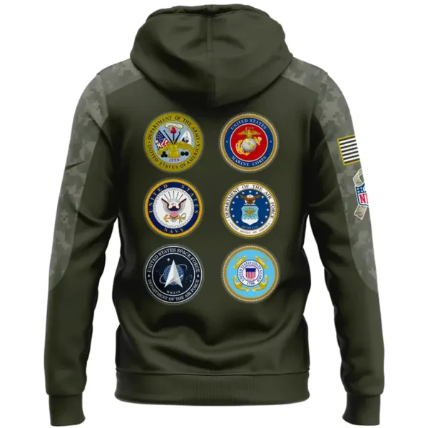Back of the Detroit Lions Veterans Day hoodie showing the six seals of the US Armed Forces branches on an olive green background.