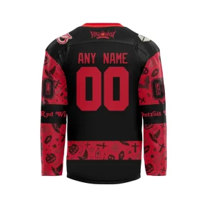 Back of the Detroit Red Wings Halloween jersey displaying the customizable name and number area on the black panel.