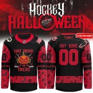 Front and back composite view of the custom Detroit Red Wings Halloween hockey jersey with a spooky pumpkin graphic.