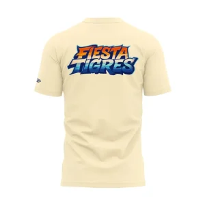 Back view of the cream-colored Detroit Tigers t-shirt with the words Fiesta Tigres in a large, stylized blue and orange font.