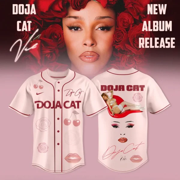 Front and back of a pink Doja Cat 'Vie' baseball jersey with red text, cherry graphics, and photos of the artist.