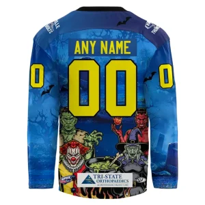 Back of the customizable Evansville Thunderbolts Halloween jersey with "ANY NAME 00" above a clown, witch, and other monsters.