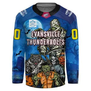 Front of the Evansville Thunderbolts Halloween jersey featuring a mummy, werewolf, zombie, and grim reaper in a spooky graveyard scene.