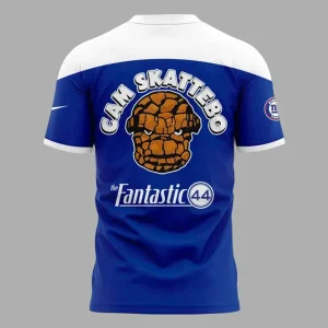 The back of the Fantastic Four x New York Giants t-shirt with CAM SKATTEBO and an illustration of The Thing's head.