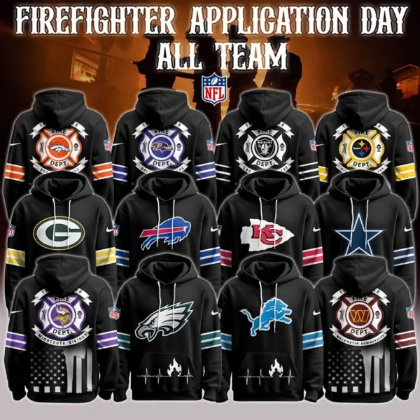 Grid of multiple black firefighter-themed NFL hoodies showing front and back views with various team logos, sleeve stripes, heartbeat flame graphics and firefighter department crests.