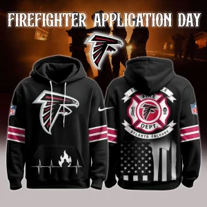 Front and back views of a black Atlanta Falcons firefighter hoodie with Falcons logo on the front, heartbeat flame pocket graphic, red sleeve stripes and a firefighter department back crest with flag detail.