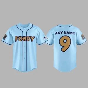 The front and back of the light blue Fond du Lac Dock Spiders baseball jersey, showing the FONDY text and customizable name/number.
