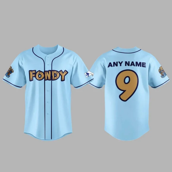The front and back of the light blue Fond du Lac Dock Spiders baseball jersey, showing the FONDY text and customizable name/number.