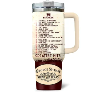 Back of the George Strait Greatest Hits tumbler displaying a 20-song tracklist, including hits like Amarillo by Morning.