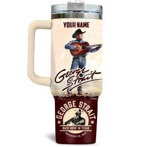 Front of the George Strait tumbler featuring a classic photo of him playing guitar, his signature, and a custom name area.