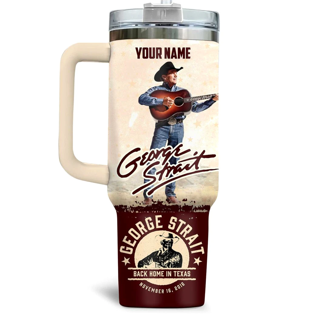 Front View Of The George Strait Greatest Hits Tumbler Front of the George Strait tumbler featuring a classic photo of him playing guitar, his signature, and a custom name area.