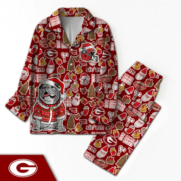 Top-down view of the Georgia Bulldogs satin Christmas pajamas, featuring the bulldog mascot in a Santa hat and sweater pattern.