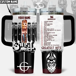 Front and back view of the Ghost Greatest Hits Limited Tumbler, featuring band imagery, a custom name area, and a tracklist.