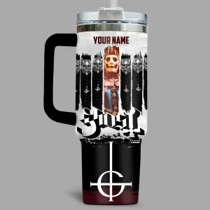 Front view of the Ghost Greatest Hits Tumbler, displaying Papa Emeritus and the Nameless Ghouls with a custom name placeholder.