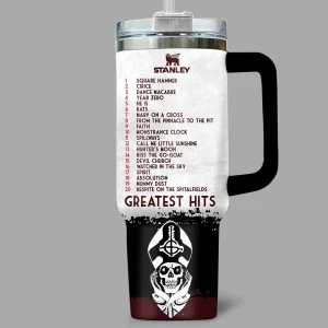 The back of the Ghost Greatest Hits Tumbler, detailing the 20-song tracklist from "Square Hammer" to "Respite on the Spitalfields".