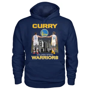 A navy blue Golden State Warriors hoodie featuring Stephen and Seth Curry fist bumping with the GSW logo and SF skyline graphic.