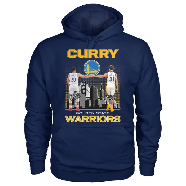 A navy blue Golden State Warriors hoodie featuring Stephen and Seth Curry fist bumping with the GSW logo and SF skyline graphic.