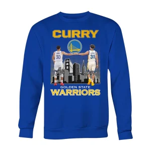 A royal blue Golden State Warriors sweatshirt with a graphic of the Curry brothers fist bumping in front of the team logo and SF skyline.