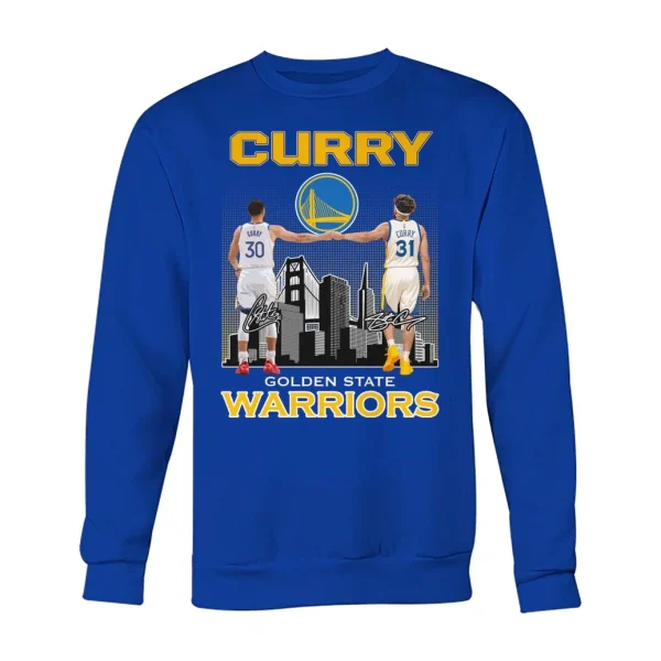 A royal blue Golden State Warriors sweatshirt with a graphic of the Curry brothers fist bumping in front of the team logo and SF skyline.