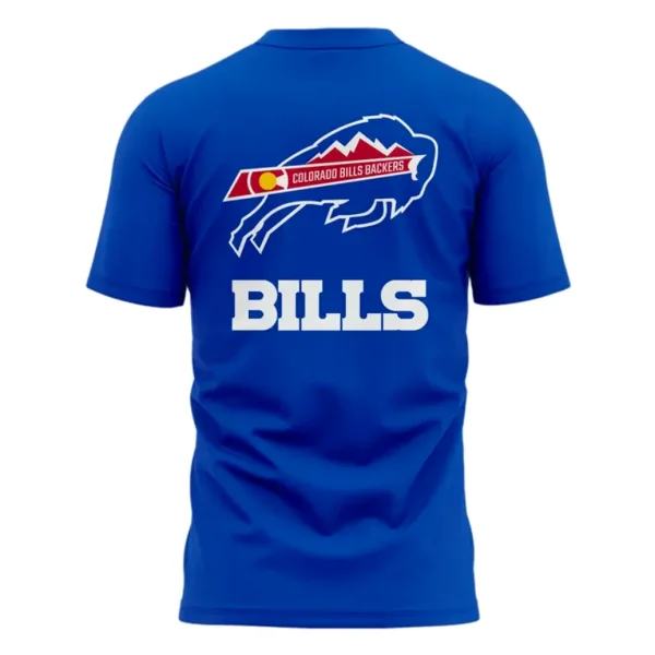 Back of the royal blue Buffalo Bills t-shirt showing the Colorado Bills Backers logo and the word BILLS in bold white font.